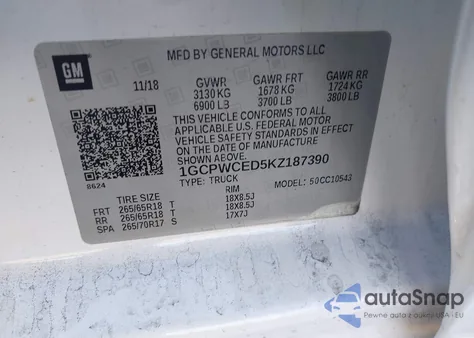 2019 Chevrolet Silverado 1500 Lt z USA, uszkodzony, nr VIN 1GCPWCED5KZ187390